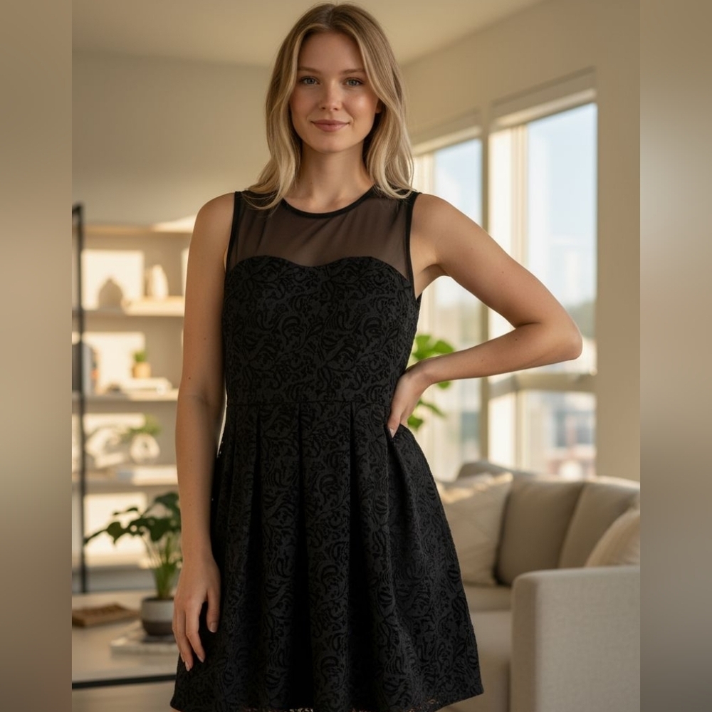 Forever 21 Black Mesh Top/Velvet Design Bottom Dress.